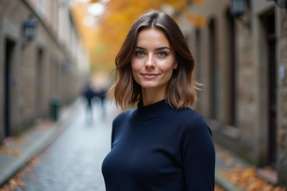 Femme avec une coupe mi-longue en dégradé dans une rue pavée en automne, coiffure naturelle et moderne avec des couches volumineuses