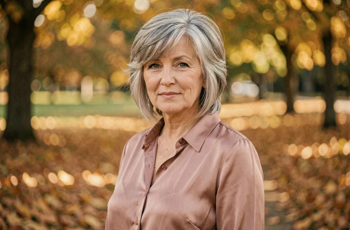 Femme de 60 ans avec une coupe shag courte et texturée gris argenté dans un parc en automne, tendance coiffure visage rond 2026