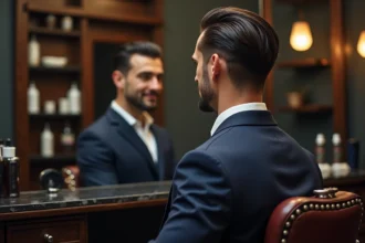 Homme élégant avec une coupe slick back moderne assis dans un fauteuil de barbier haut de gamme, reflet dans le miroir