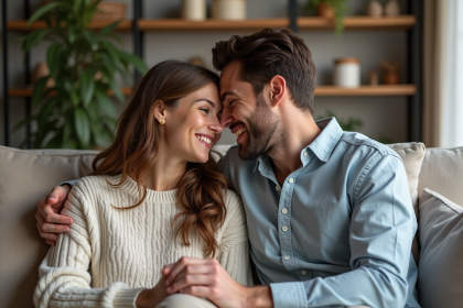 Couple souriant dans un salon chaleureux et moderne