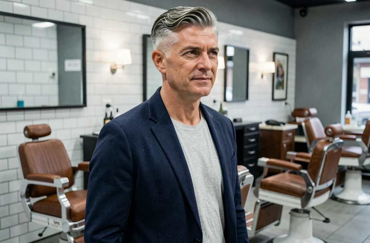Homme mature avec dégradé blanc sel et poivre dans un salon de coiffure moderne, style élégant 2026