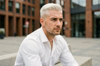 Homme aux cheveux courts avec dégradé blanc tendance 2026, assis en ville, style urbain moderne