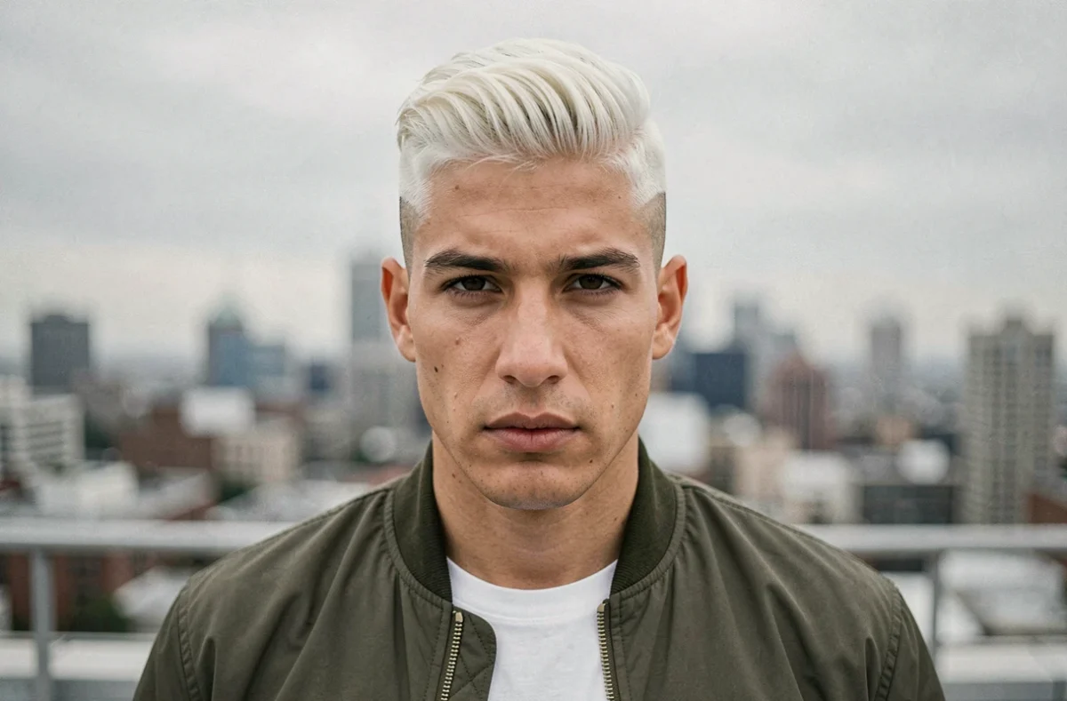 Jeune homme avec dégradé blanc haut et quiff texturé sur un rooftop, coiffure tendance homme 2026