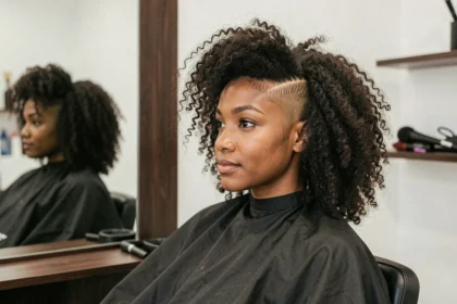 Femme aux cheveux bouclés avec un dégradé espagnol dans un salon de coiffure moderne