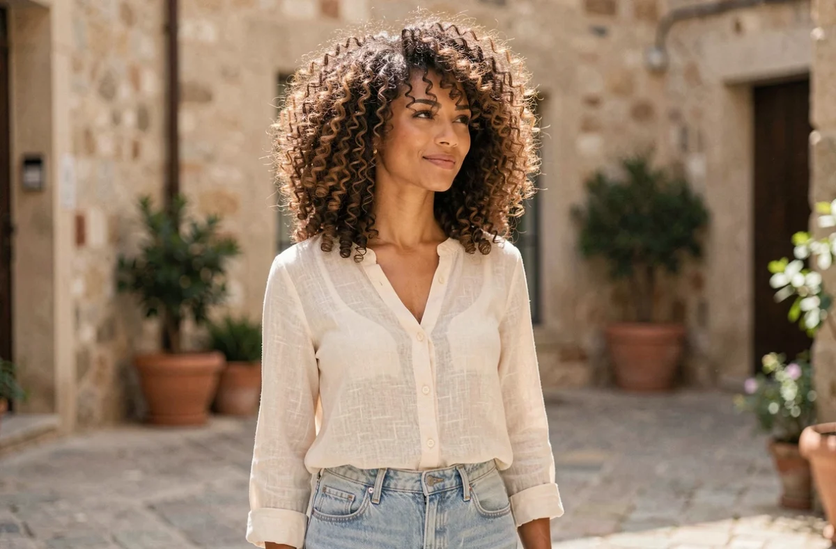 Femme métisse avec dégradé espagnol sur cheveux bouclés volumineux en extérieur urbain