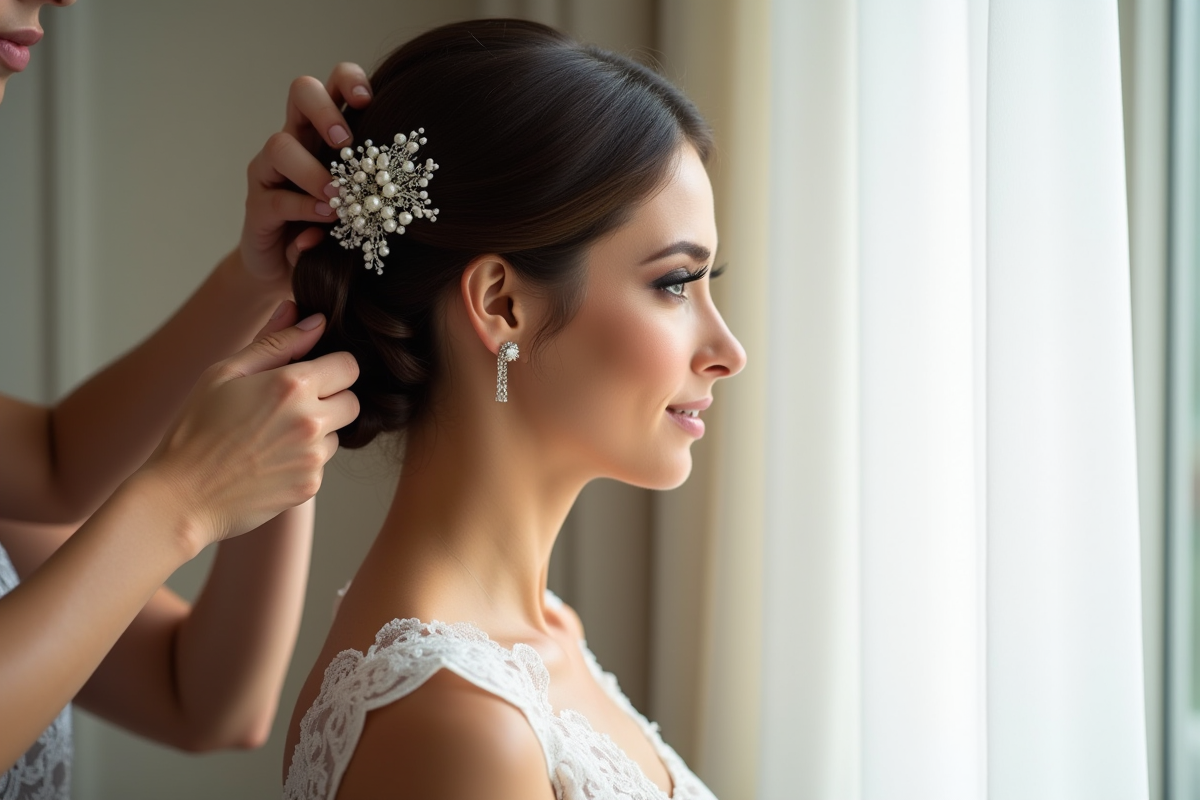 Demoiselle ajustant une coiffure courte avec perles délicates