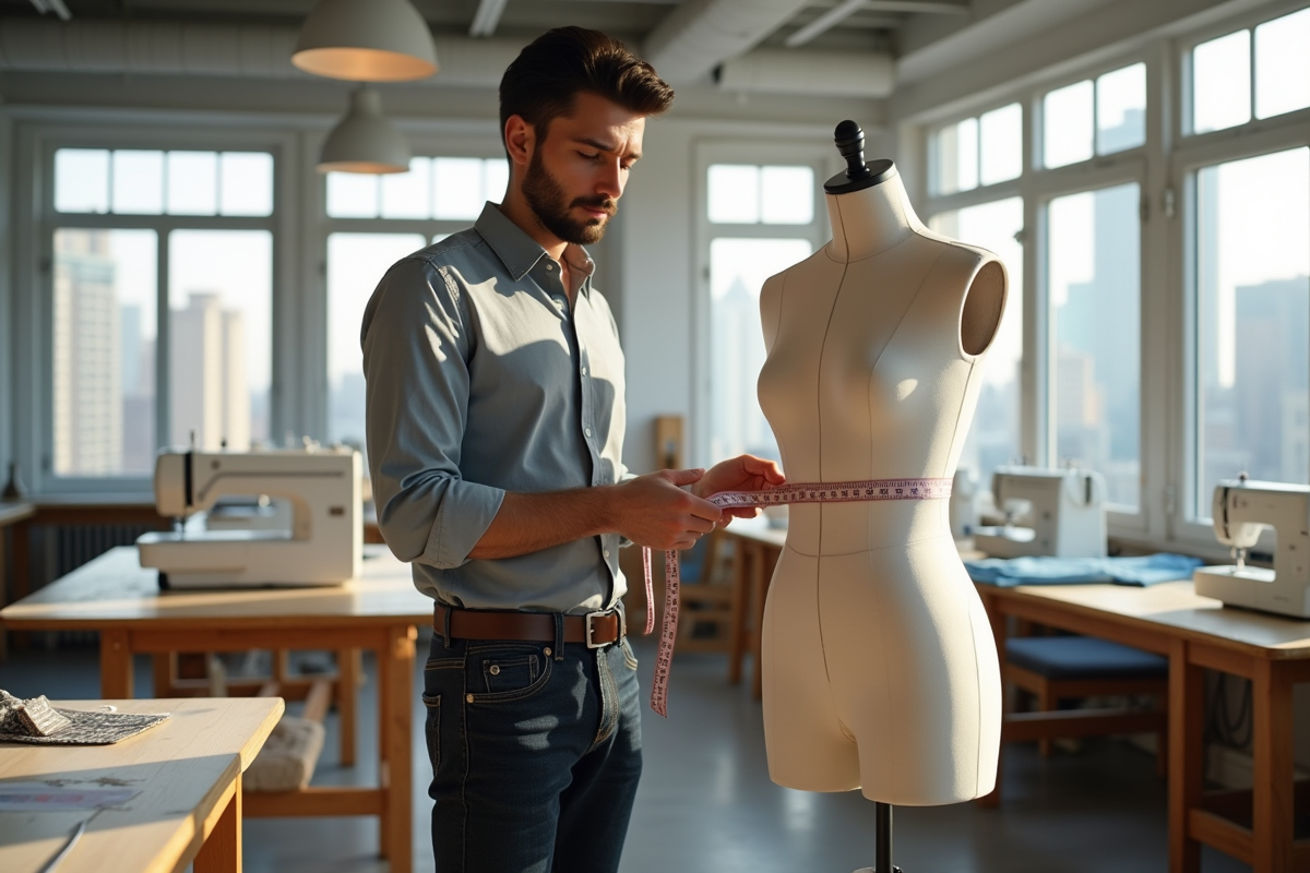 Créateur de mode ajustant un mannequin dans un atelier lumineux