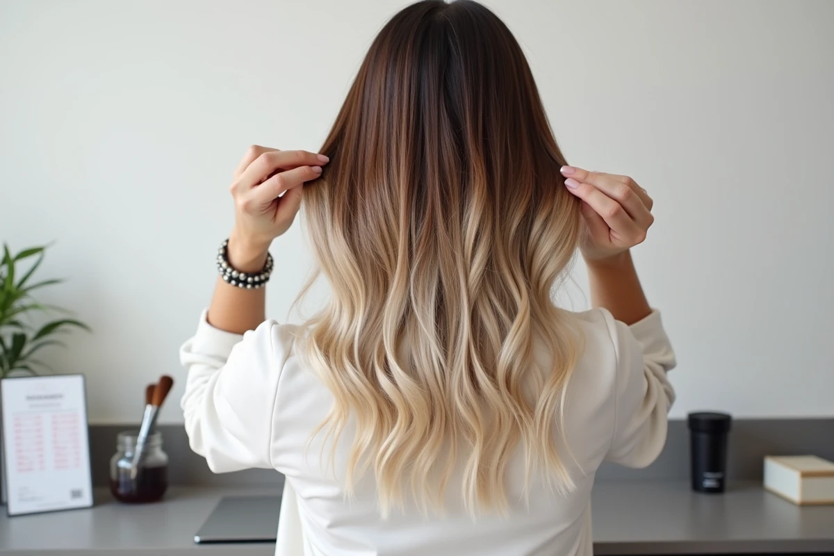 Résultat détaillé d'un balayage sur mèche de cheveux bruns avec fils blancs intégrés, dégradé naturel du châtain aux pointes blondes dorées