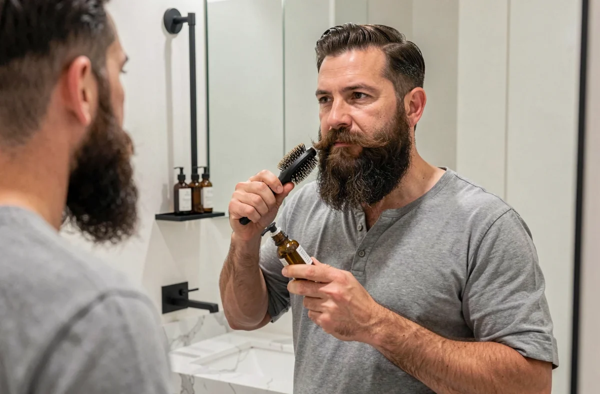 Homme entretenant sa longue barbe volumineuse avec de l'huile et une brosse dans sa salle de bain