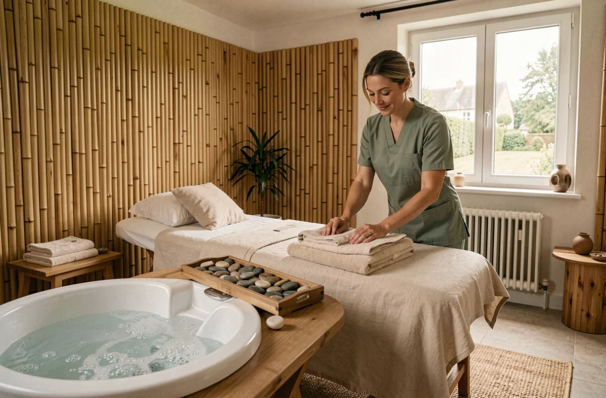 Espace spa apaisant de l'Espace Nemeti à Farnay avec bassin de détente et décoration naturelle