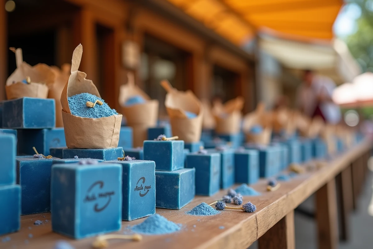 Étalage de marché avec des barres de savon Nila bleu artisanal et sachets de poudre de Nila, produits naturels de soin traditionnel