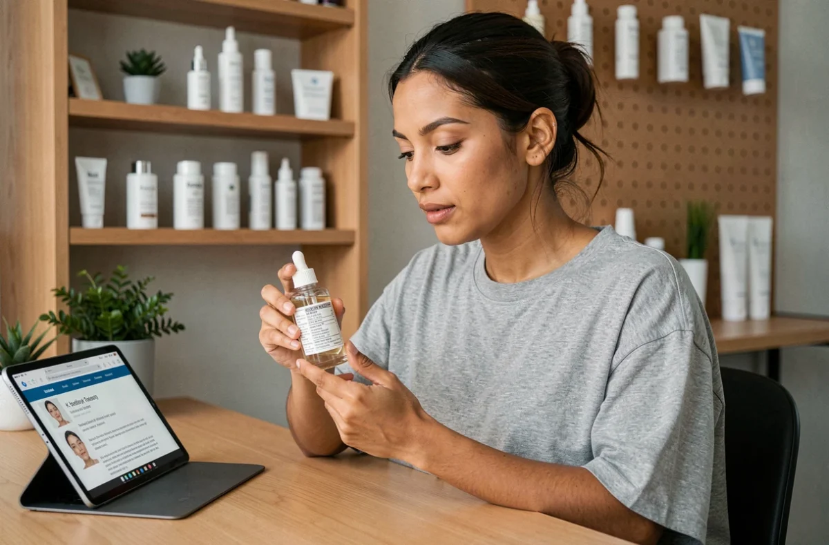 Jeune femme analysant les ingrédients d'une essence K-beauty à son bureau skincare dans un appartement moderne