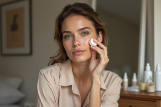 Femme appliquant fond de teint avec une éponge dans un intérieur cosy