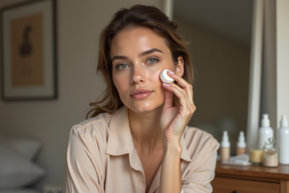Femme appliquant fond de teint avec une éponge dans un intérieur cosy