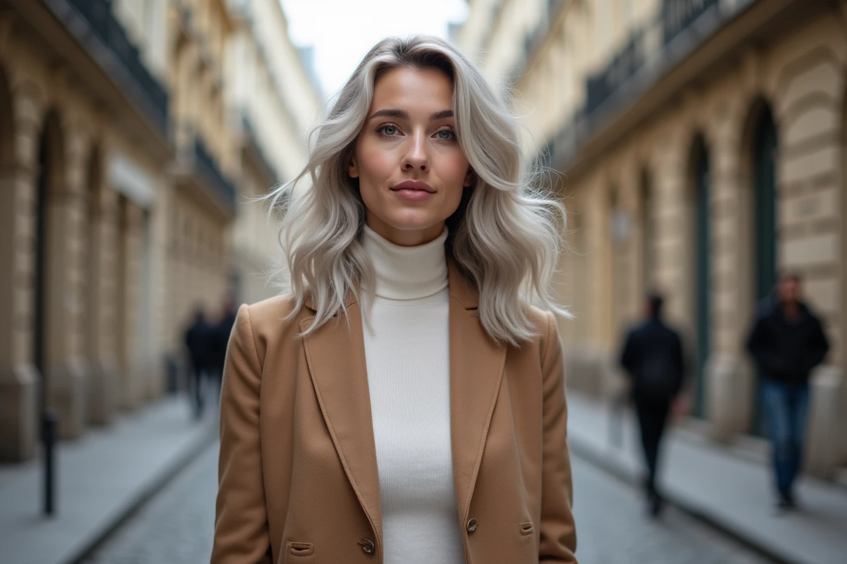 Femme jeune avec balayage blanc platine dans une rue parisienne en manteau camel