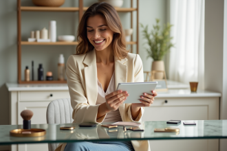 Femme élégante avec palette de maquillage dans un appartement moderne