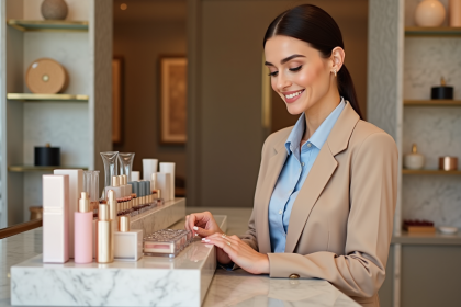Femme élégante examine des produits de maquillage