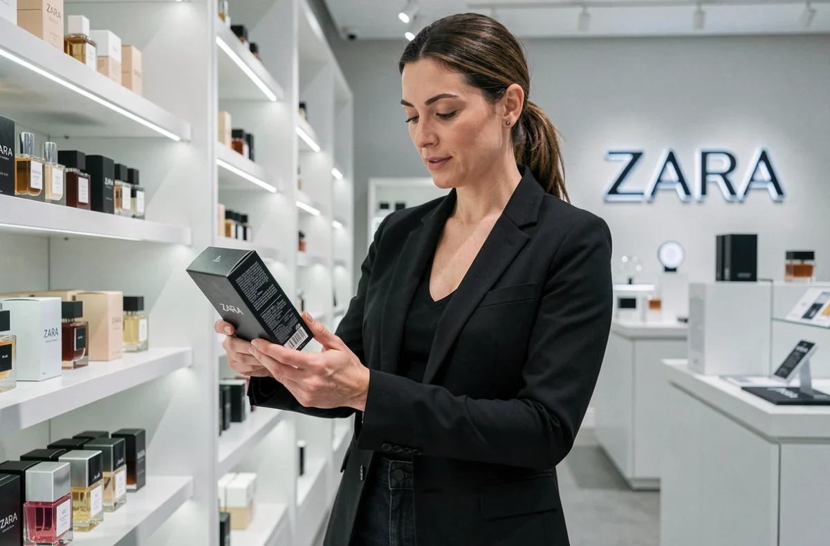 Femme en blazer noir lisant l'étiquette d'un coffret de parfum Zara dans un magasin moderne aux étagères épurées