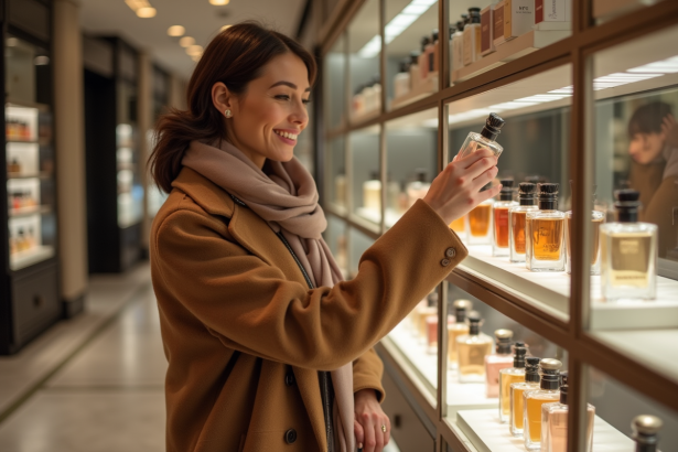 Femme élégante dans une boutique parisienne en train de choisir un parfum
