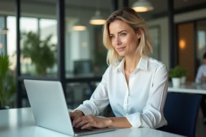 Femme blonde au bureau moderne en pleine concentration