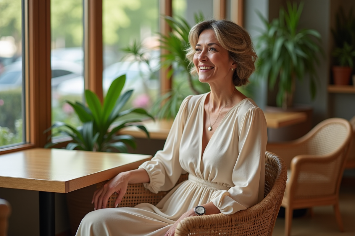 Femme mature en robe maxi dans un café lumineux