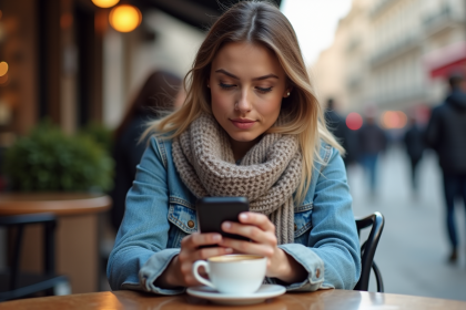 Femme assise au café regardant son smartphone en ville