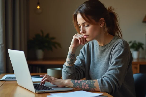 Femme avec tatouage floral sur l'avant-bras utilisant une calculette de coût tatouage sur ordinateur portable