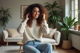 Femme aux cheveux bouclés et sourire naturel dans un intérieur chaleureux