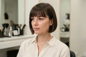 Femme aux cheveux courts fins avec une frange droite au-dessus des sourcils dans un salon de coiffure