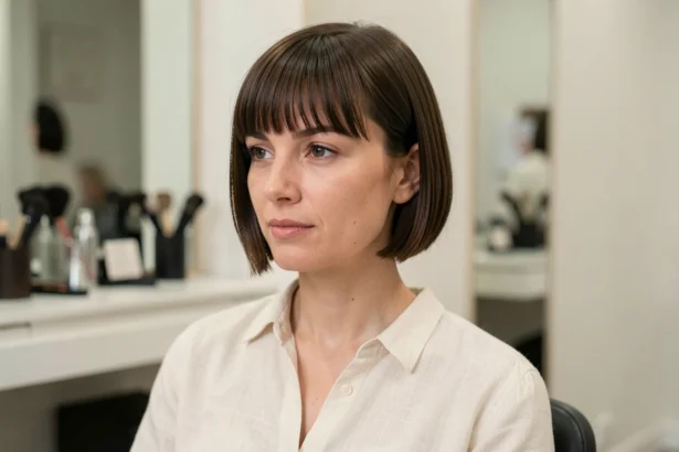 Femme aux cheveux courts fins avec une frange droite au-dessus des sourcils dans un salon de coiffure