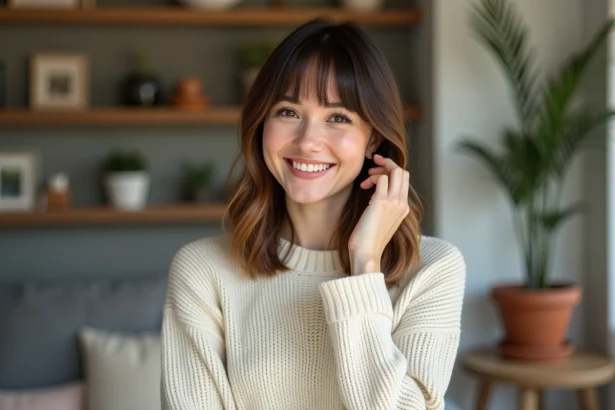 Femme souriante avec frange coiffée dans un intérieur chaleureux