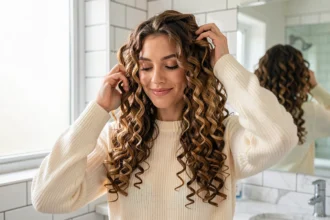 Femme aux cheveux longs bouclés en spirales qui coiffe ses boucles devant un miroir de salle de bain moderne
