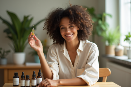 Femme souriante appliquant de l'huile naturelle sur ses cheveux