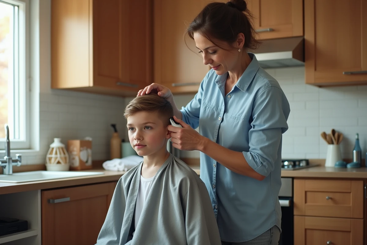 Femme donne une coupe de cheveux à son fils dans la cuisine