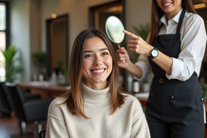 Femme souriante en salon de coiffure moderne