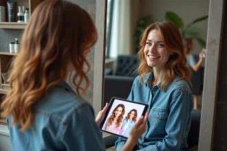 Femme utilisant une application coiffure sur tablette dans un salon moderne