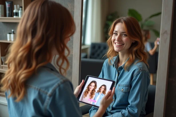 Femme utilisant une application coiffure sur tablette dans un salon moderne