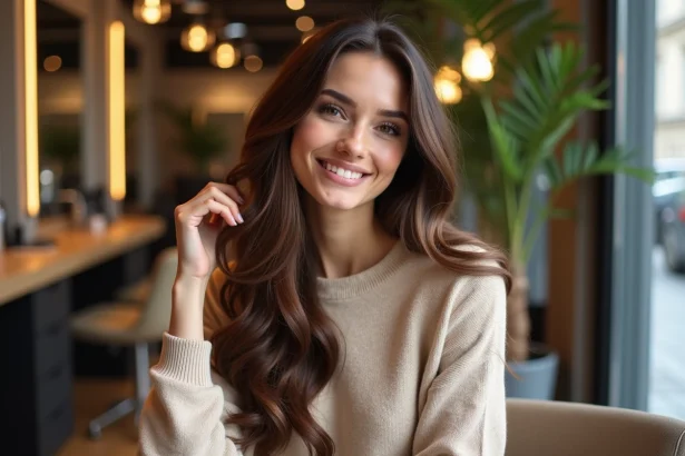 Femme souriante avec extensions de cheveux dans un salon parisien