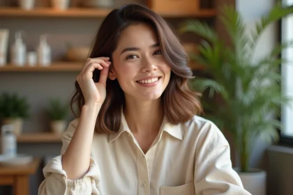 Femme souriante avec coiffure tendance et cheveux texturés