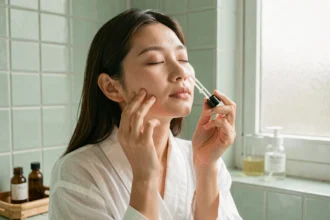 Femme coréenne appliquant une essence K-beauty sur sa peau dans une salle de bain minimaliste aux tons ivoire et vert sauge