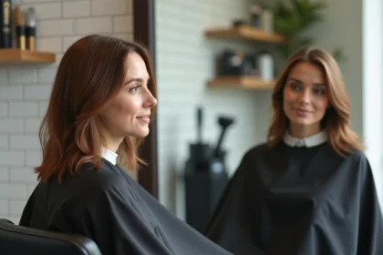 Femme aux cheveux mi-longs fraîchement coupés assise dans un fauteuil de salon de coiffure moderne, regardant son reflet dans le miroir avec satisfaction