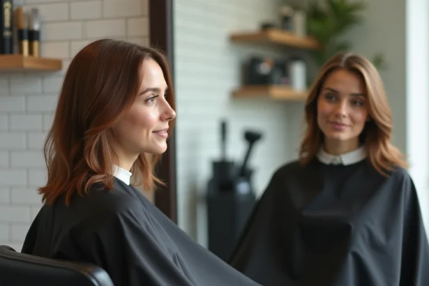 Femme aux cheveux mi-longs fraîchement coupés assise dans un fauteuil de salon de coiffure moderne, regardant son reflet dans le miroir avec satisfaction