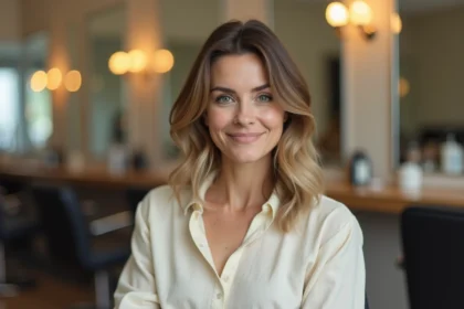 Femme aux cheveux mi-longs en dégradé dans un salon de coiffure moderne, coupe fraîche avec des couches douces encadrant le visage