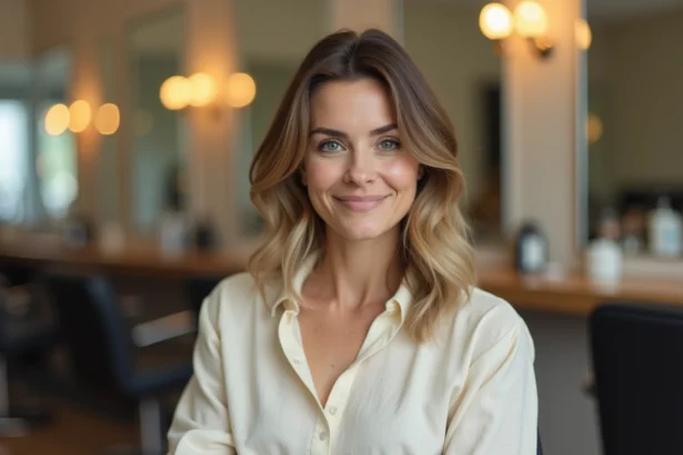 Femme aux cheveux mi-longs en dégradé dans un salon de coiffure moderne, coupe fraîche avec des couches douces encadrant le visage