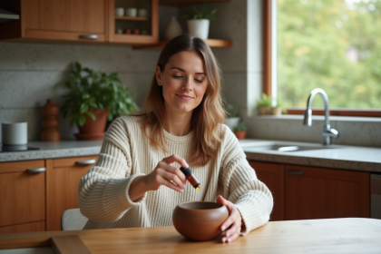 Femme ajoutant huiles essentielles dans un diffuseur dans la cuisine