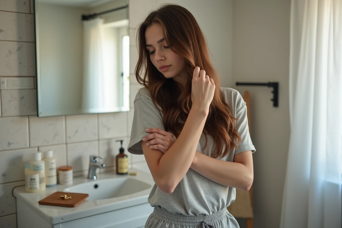 Jeune femme appliquant un balayage à la maison dans sa salle de bain