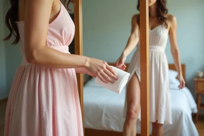 Femme en robe pastel utilisant un assouplissant pour ses jambes