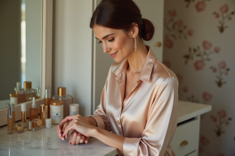 Femme élégante appliquant du parfum dans sa chambre