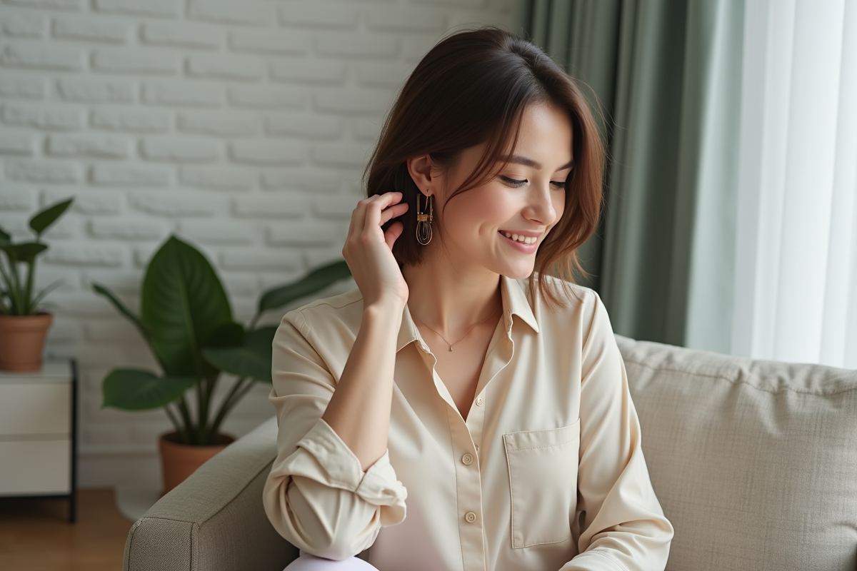 Femme souriante vérifiant sa coupe taper fade à la maison