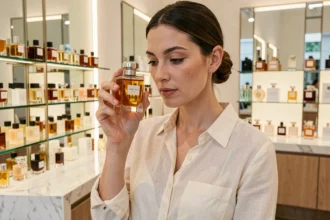 Femme examinant attentivement un flacon de parfum de marque dans une boutique de luxe pour repérer les bonnes affaires